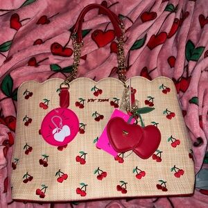 Betsy Johnson 🍒 Cherry Embroidered Canvas Colored Tote Bag + 🍒 charm NWT
